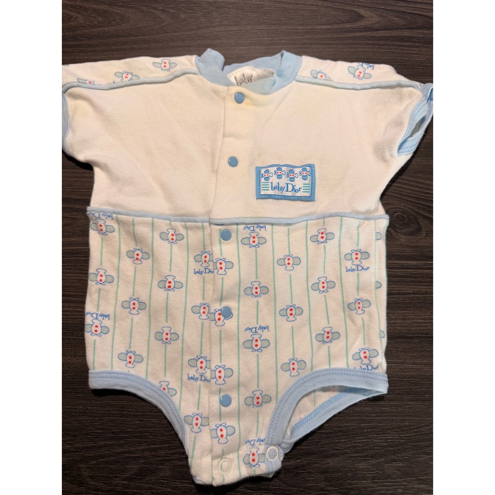 Vintage Baby Dior Blue White Airplane Print Snap Front Romper Short Sleeve